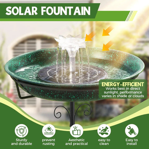 Sun Powered Metal Bird Bath With Fountains For Hummingbirds Stable 5 Prong Base Stake Outdoor Lawn Patio Garden Decor No Wiring Or Batteries Solar Fountain Starts In Seconds In Direct Sunlight Adds Charm And Attracts Wildlife To Your Yard Lit