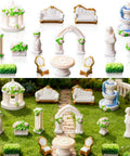15 Pcs Mini Garden Furniture Ornaments Set For Do It Yourself Fairy Garden And Micro Landscape Decor Totally Durable Resin Patio Table Chair Bench Arch Fountain Statues Set