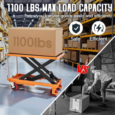 Heavy Duty Hydraulic Lift Table Cart With 1100 Lb Capacity Reliable Pump Smooth Operation Easy To Use For Material Handling Tasks with box in warehouse.