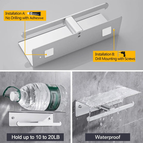 Double Toilet Paper Holder With Shelf And Phone Storage, Wall Mount, Self Adhesive Roll Dispenser, Rustproof Aluminum shown installed