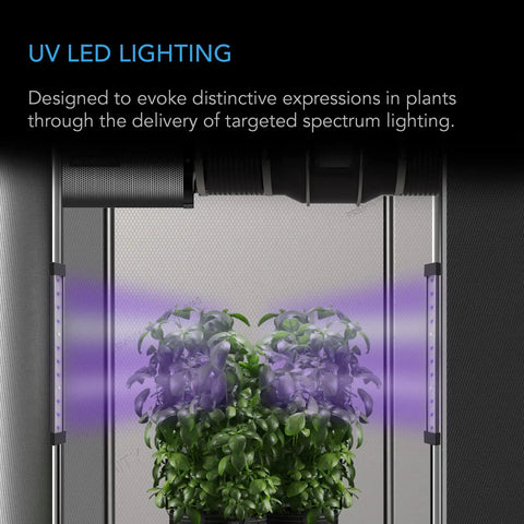 Four 11 Inch Targeted Spectrum UV LED Grow Light Bars With 365nm And 395nm Diodes in grow tent with digital dimming for plants