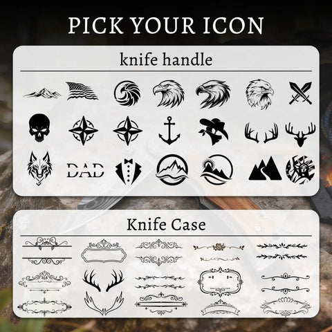 Engraved Custom Pocket Knife For Men icons for handle and case design options