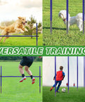 Heavy Duty Metal Dog Agility Course Set For Backyard Training With Adjustable Height Jumps And Hurdles Rust Resistant Alloy Steel Obstacle Course Three Pack displayed with dogs and children using the equipment outdoors.
