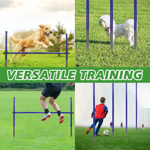 Heavy Duty Metal Dog Agility Course Set For Backyard Training With Adjustable Height Jumps And Hurdles Rust Resistant Alloy Steel Obstacle Course Three Pack displayed with dogs and children using the equipment outdoors.