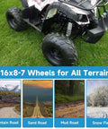 Go Kart Tire With Rim 16x8-7 Replacement for Coolster 110cc 125cc 150cc ATVs shown on grass with all-terrain examples
