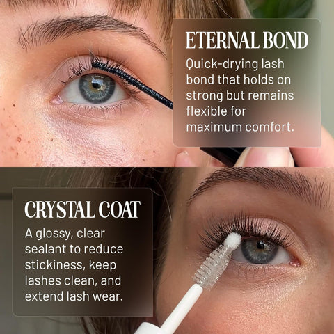 Applying Eternal Bond Black Lash Glue With Crystal Coat Sealant on eyelashes for enhanced wear and reduced stickiness