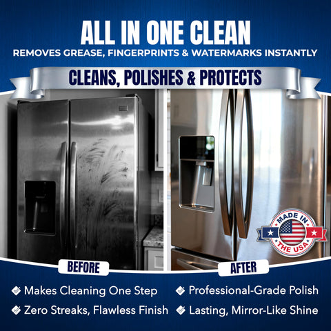 Before and after comparison of stainless steel refrigerator using Stainless Steel Cleaner And Polish 10oz Cleans Polishes And Protects Kitchen Appliances Like Refrigerators Sinks Ovens And Grills With A Residue Free Streak Free Shine No Greasy Residue Left Behind For A Brand New Look.
