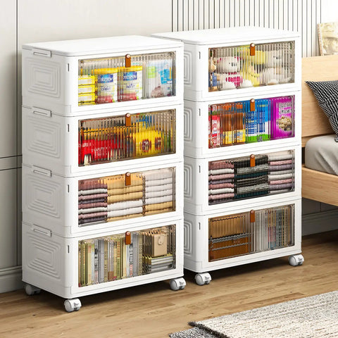 Rock Solid 4 Piece Plastic Storage Bins With Snap Tight Lids And Butter Smooth Wheels 35 Quart Capacity Stackable Foldable Organizer Sets Complete Space Saving Powerhouse