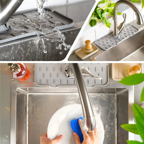 Silicone Faucet Handle Drip Catcher Tray Mat Dish Soap Sponge Holder Drying Mat For Kitchen Sink Counter And Bathroom Black