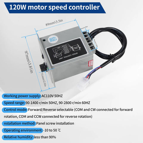 120W motor speed controller for 125mm three jaw self centering lathe chuck kit, showing connections and dimensions for CNC use.