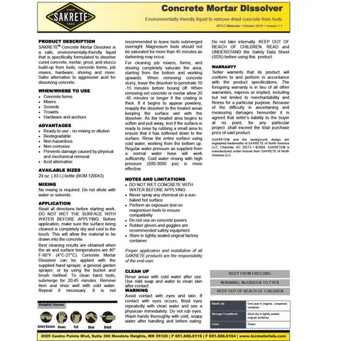 Product label for Concrete And Mortar Dissolver For Quick Cleanup, Heavy Duty Liquid Formula Loosens And Removes Hardened Cement, Mortar And Grout Residue, 28 Ounce Bottles Six Pack, Pro Grade Masonry Cleanup Solution For DIY Pros.