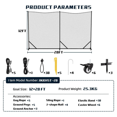 Heavy Duty Ball Stop Net System 40Ft By 12Ft 2 In 1 Portable Backstop Net structure with accessories including ropes and wheels displayed.
