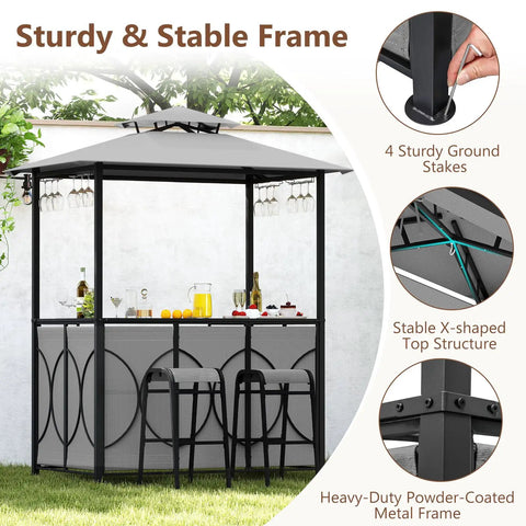 Outdoor Patio Bar Set With Grill Gazebo And Two Bar Stools, Three Piece Bar Table Set With Tempered Glass Bar Table, Double Tier Soft Top Canopy visible
