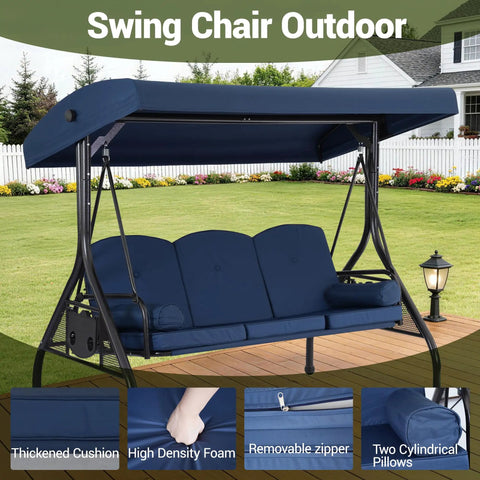 Three Seat Outdoor Porch Swing With Adjustable Canopy And 2 In 1 Convertible Bed For Backyard Blue With Cup Holder And Pillow