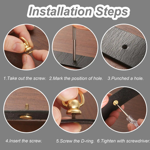 Installation steps for 4Pcs Brass D Rings For Purses Rotatable Bag Strap Hardware With 360 Degree Ball Studs Leather Craft Kit.