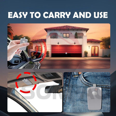 MultiCode Gate Opener Remote Compatible With 300MHz 3089 308911 MCS308911 3060 3070, shown in use for garage access