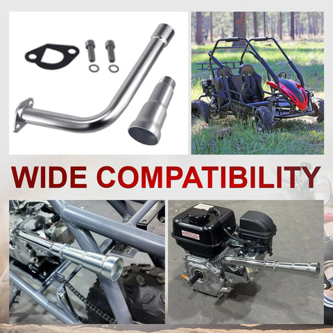 Three Stage Exhaust System With Stainless Silver Tip For Predator 212cc And 196cc Engines shown with installation examples