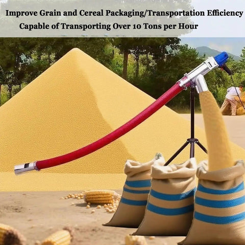 Beefy 1500W Electric Auger Conveyor for Powder and Grain with auto overheat protection, shown transporting grain in field.