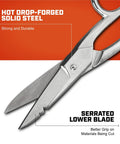 Heavy Duty Five Inch Electrician Scissors With Serrated Bottom Blade And Dual Gauge Stripping Notches For Pro Contractors And Diy Builders, showcasing serrated lower blade.
