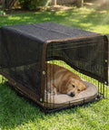 Dog resting under 90 Percent Shade Cloth For Pergola And Patio, 4 By 30 Feet Shade Cover With Grommets on crate