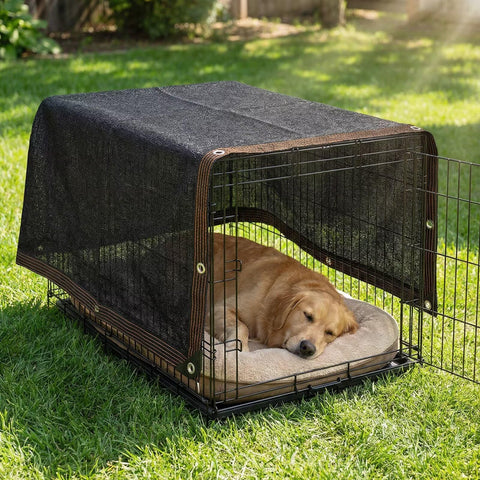Dog resting under 90 Percent Shade Cloth For Pergola And Patio, 4 By 30 Feet Shade Cover With Grommets on crate