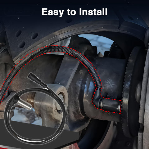 Installed view of LQYLMY 2-pack truck ABS speed sensor harness around wheel hub; black corrugated cable with plug.