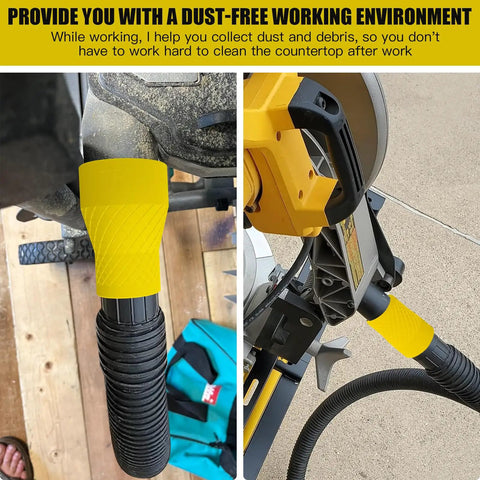 Universal Dust Collection Adapter For Miter Saws And Table Saws Flexible TPU Hose Quick Connect Converts 2.5 Inch Saw Ports To 1.875 Inch Shop Vac Hoses No Fuss Dust Control Fits Sanders And Shop Vac Accessories; installed on miter saw and connected to dust port.