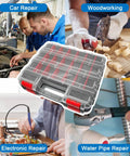 Double Sided Tool Box Organizer with 50-Compartment Removable Dividers Portable Hardware Storage Box for screws, shown in various repair settings.