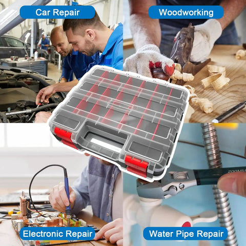 Double Sided Tool Box Organizer with 50-Compartment Removable Dividers Portable Hardware Storage Box for screws, shown in various repair settings.