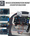 Bank Grade Money Counter For Mixed Denoms In USD CAD MXN GBP EUR With Touch Screen, UV MG IR MT Detection, External Display shown