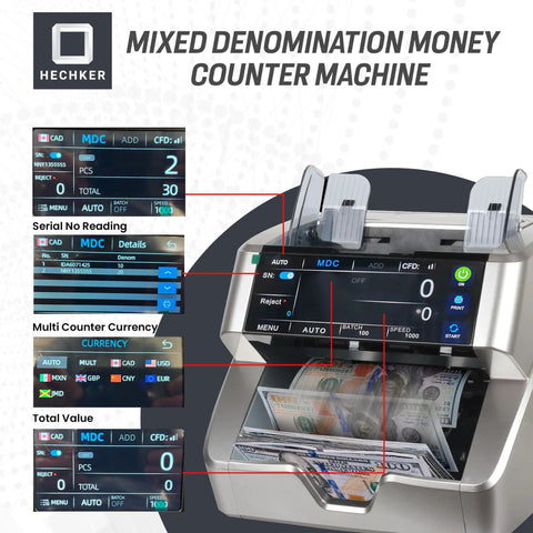 Bank Grade Money Counter For Mixed Denoms In USD CAD MXN GBP EUR With Touch Screen, UV MG IR MT Detection, External Display shown