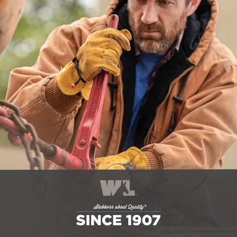 Heavy Duty Cowhide Leather Work Gloves For Men With Adjustable Wrist Gunn Cut Design Abrasion And Puncture Resistant Saddletan XL in use on construction site.