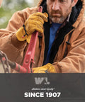 Heavy Duty Leather Work Gloves For Men, Cowhide Construction Gloves With Abrasion And Puncture Resistance, Gunn Cut Design, shown tightening a tool