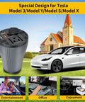 Sweet Upgrade 150W Car Power Inverter transforms DC 12V to AC 110V, designed for Tesla models, placed in a cup holder.