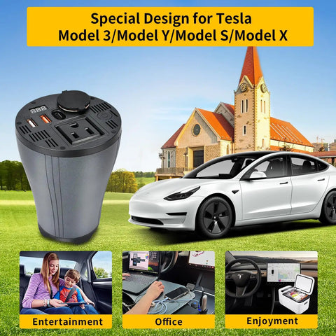 Sweet Upgrade 150W Car Power Inverter transforms DC 12V to AC 110V, designed for Tesla models, placed in a cup holder.