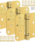 Real Deal Brushed Gold Self Closing Door Hinges Built Tough Spring Loaded Quiet Swing 4 Inch Hardware set of three with screws.