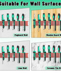 Red Wall Mount Screwdriver And Pliers Organizer Rack With 23 Holes installed on various wall surfaces shown in four images.
