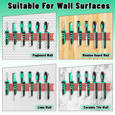 Red Wall Mount Screwdriver And Pliers Organizer Rack With 23 Holes installed on various wall surfaces shown in four images.
