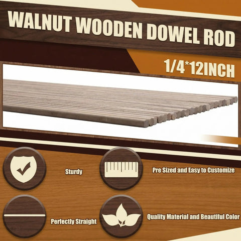 Top Shelf 48 Pack Walnut Dowel Rods 1/4 By 12 Inch Hardwood sticks displayed showing sturdy, pre-sized hardwood for DIY crafts.