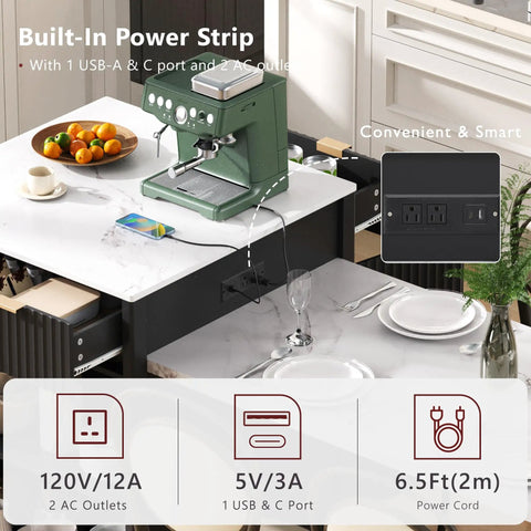 Built-in power strip with USB and AC ports on Badass Eighty Three Inch Waterproof Faux Marble Kitchen Cart in sharp black.