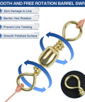 Barrel Swivels Fishing Set 200 Pcs Rolling Ball Bearing Swivels With Solid Ring Tackle Connector Copper Stainless Steel Black Nickel Gold Finish Sizes 2 4 6 8 10 For Lures Rigs, gold barrel swivel with line and rotation arrows