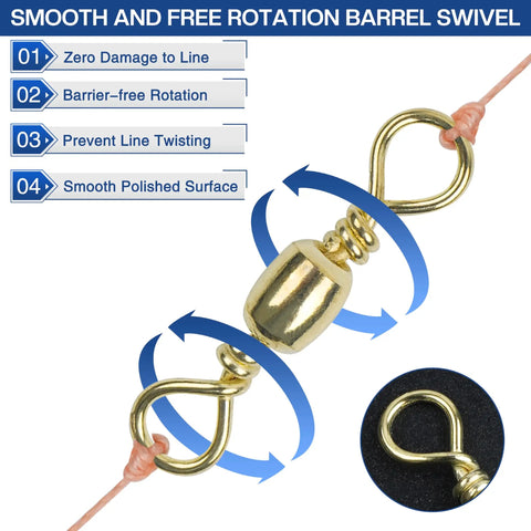 Barrel Swivels Fishing Set 200 Pcs Rolling Ball Bearing Swivels With Solid Ring Tackle Connector Copper Stainless Steel Black Nickel Gold Finish Sizes 2 4 6 8 10 For Lures Rigs, gold barrel swivel with line and rotation arrows