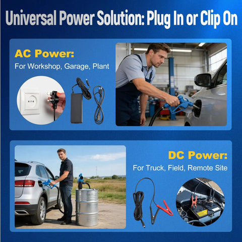 Heavy Duty Electric Drum Barrel Pump For 55 Gallon Drums dual power AC use in garage and DC use in truck for fluid transfer.