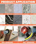 Snag This Awesome Twenty Pack Of Four Inch Wet Dry Diamond Polishing Pads Set Perfect For Grinding To Mirror Shine On Granite Marble Quartz Concrete Stone Includes All Grits Thirty To Ten Thousand Backer Pad Adapter And Wool Disc image showing application on various stones with dry and wet grinding.