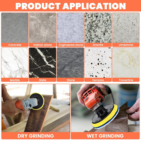 Snag This Awesome Twenty Pack Of Four Inch Wet Dry Diamond Polishing Pads Set Perfect For Grinding To Mirror Shine On Granite Marble Quartz Concrete Stone Includes All Grits Thirty To Ten Thousand Backer Pad Adapter And Wool Disc image showing application on various stones with dry and wet grinding.