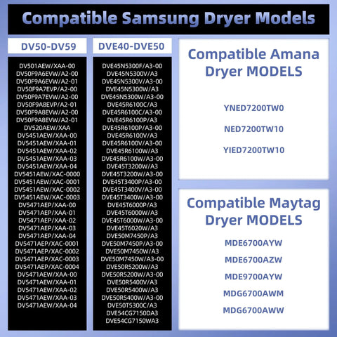 Compatible models for the Upgraded DC47-00019A Dryer Heating Element Replacement for a Ton of Front Load Dryers With 95 Percent NickelChromium Wire for Even Heat, highlighting Samsung, Amana, and Maytag models.
