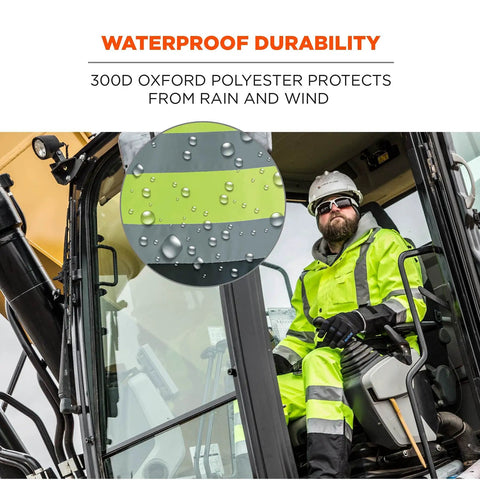 Person wearing Hi Vis Rain Pants With Dirt Hiding Black Panels 2 Inch 3M Scotchlite Reflective waterproof 300D Oxford Shell in vehicle