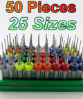 Carburetor Jet Drill Bits Set Fifty Piece for Jet Tuning Solid Carbide Mini Drill Bits with color-coded caps displayed in a kit