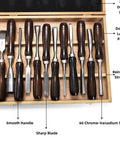 12 Piece Wood Chisel Set With Wooden Box Carving Tools For Woodworking CRV Steel Blades And Premium Wood Handles in open case