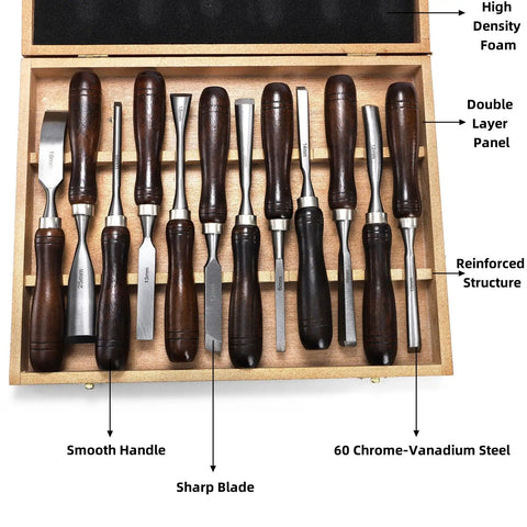 12 Piece Wood Chisel Set With Wooden Box Carving Tools For Woodworking CRV Steel Blades And Premium Wood Handles in open case